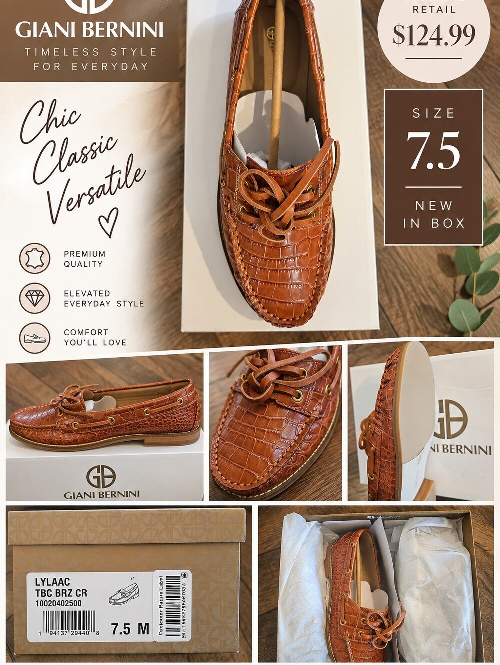 Giani Bernini Lylaa Boat Shoe Loafers Cognac Brown Croc Print Size 7.5 M NIB